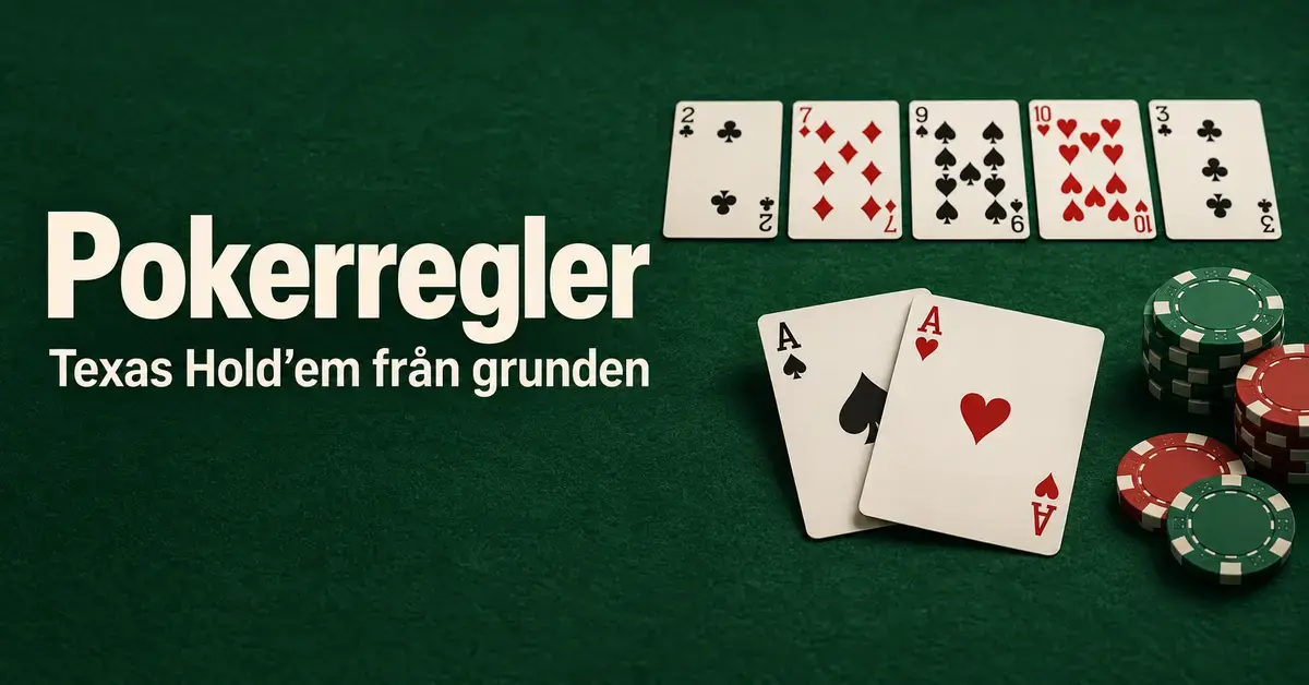 Två ess, fem gemensamma kort och pokermarker på ett grönt pokerbord med texten ”Pokerregler – Texas Hold’em från grunden”.