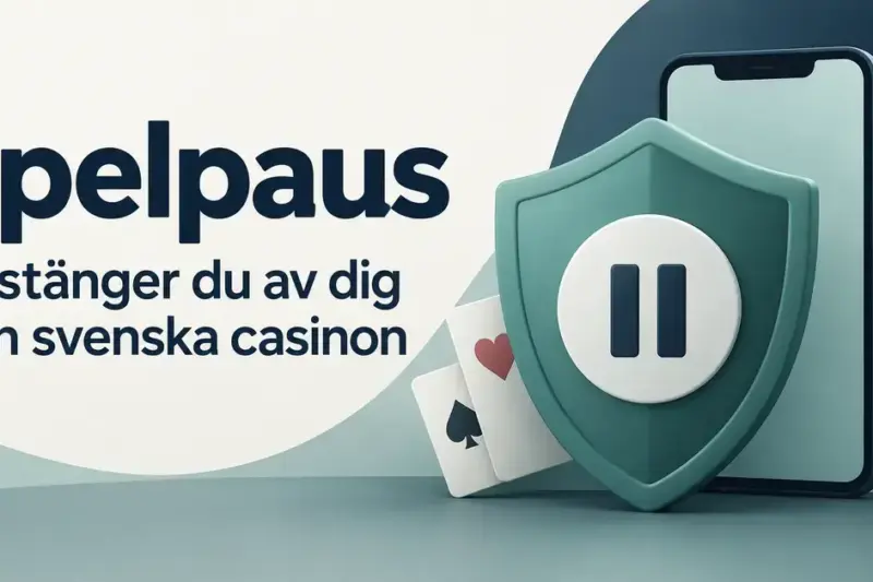 Illustration av en sköld med paussymbol framför en mobiltelefon och spelkort, med texten ”Spelpaus – Så stänger du av dig från svenska casinon”.