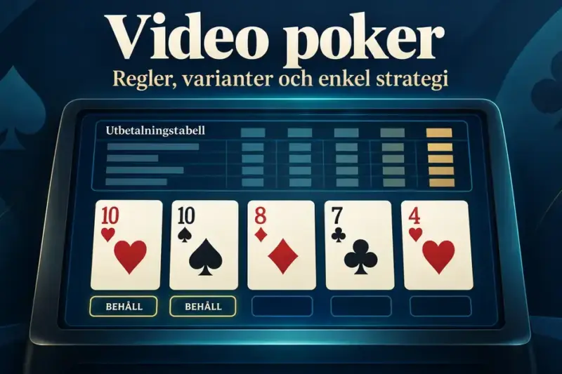 Illustration av en videopokerskärm med fem spelkort, ett par tior markerade för att behållas och en utbetalningstabell under rubriken ”Video poker – Regler, varianter och enkel strategi”.