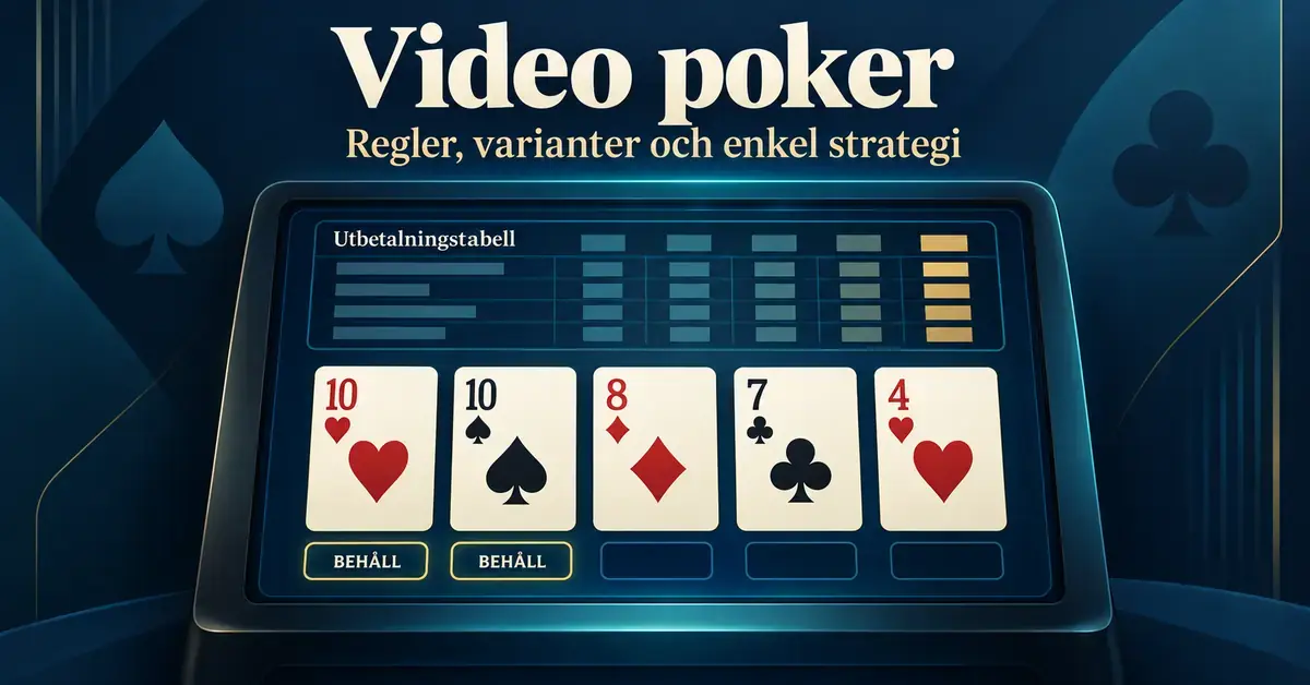 Illustration av en videopokerskärm med fem spelkort, ett par tior markerade för att behållas och en utbetalningstabell under rubriken ”Video poker – Regler, varianter och enkel strategi”.